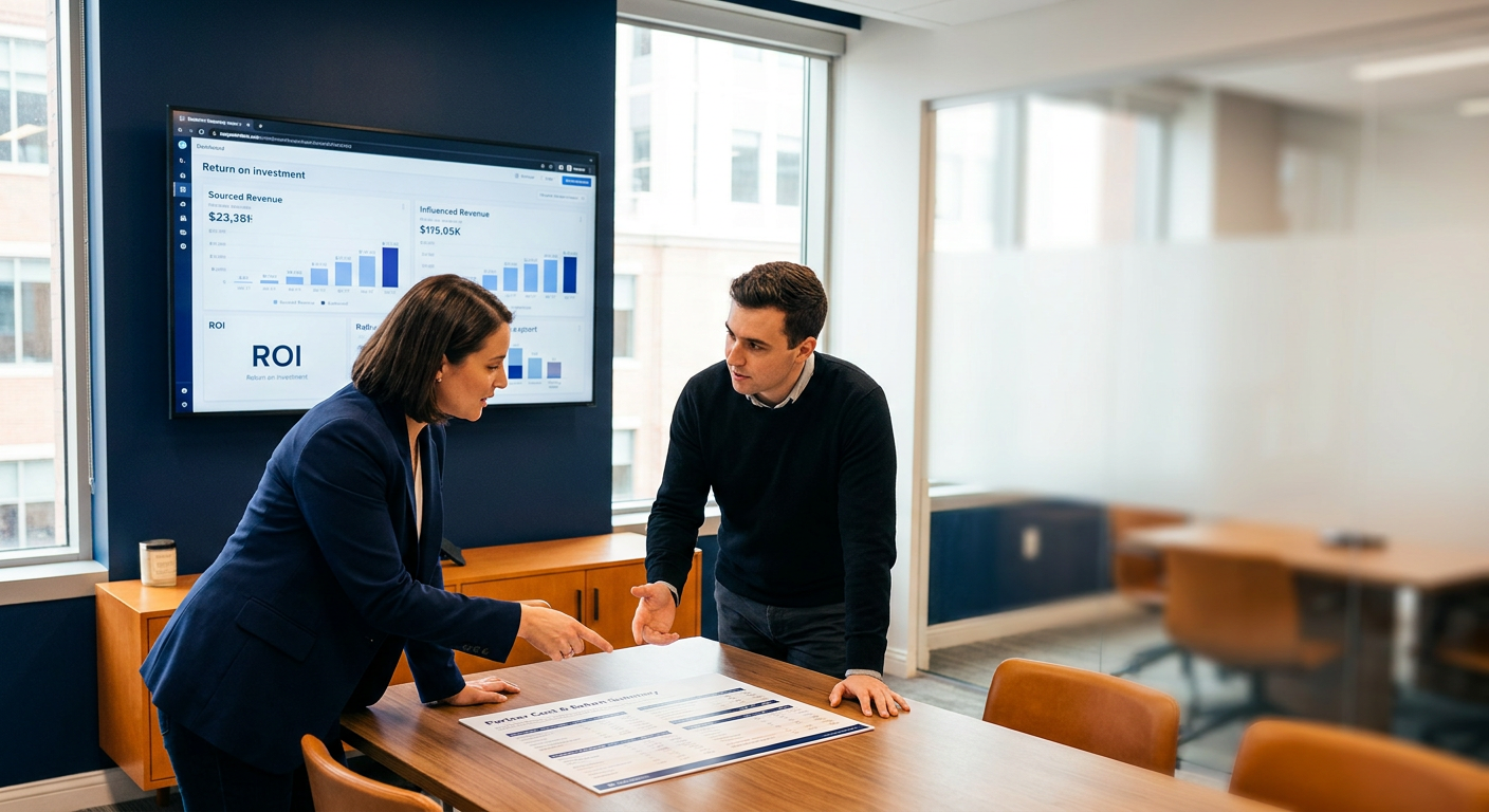 A partnerships leader and a finance analyst reviewing partner ROI on a wall monitor showing a return calculation with sourced and influenced revenue separated, a printed cost-and-return summary on the table, deep navy and warm amber palette