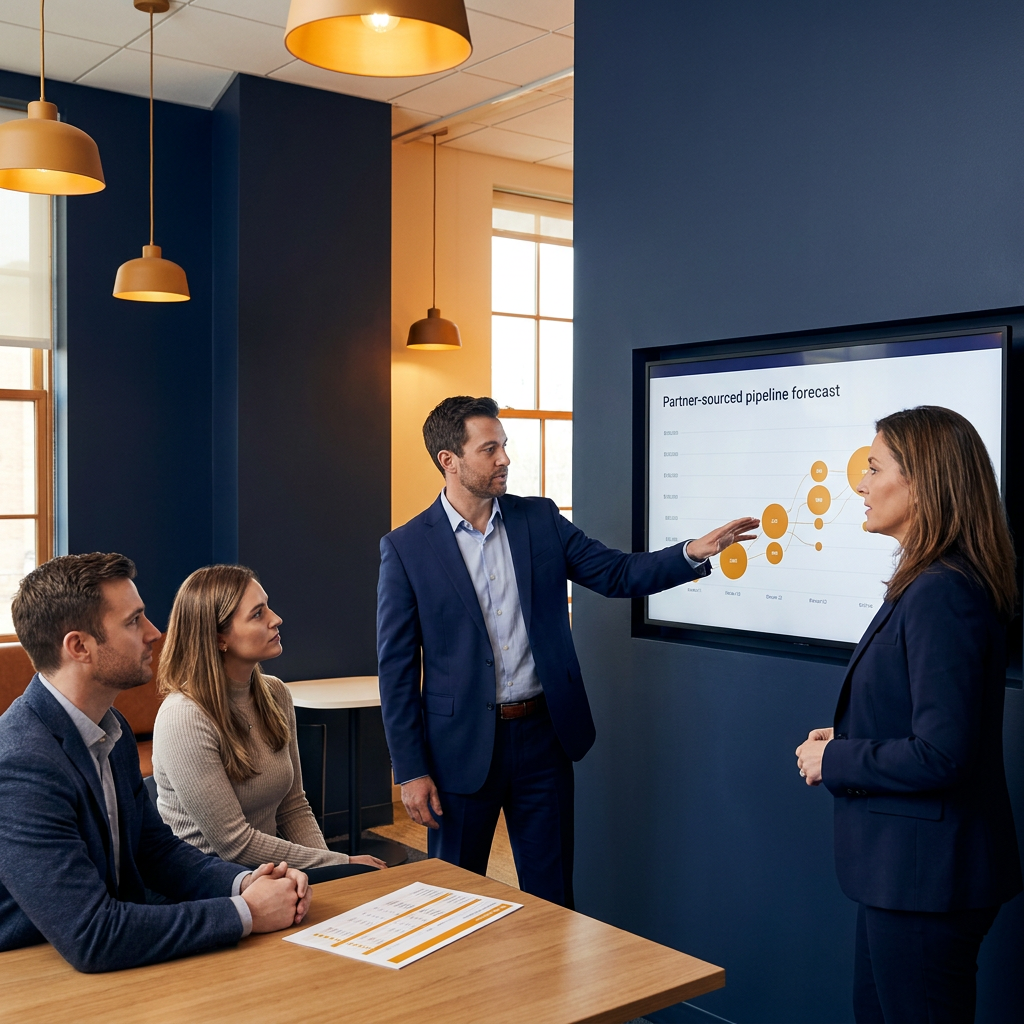 A partner sales exec walking a CRO through a partner-sourced pipeline forecast on a wall monitor while two account executives look on, printed account list on the table, deep navy and warm amber palette