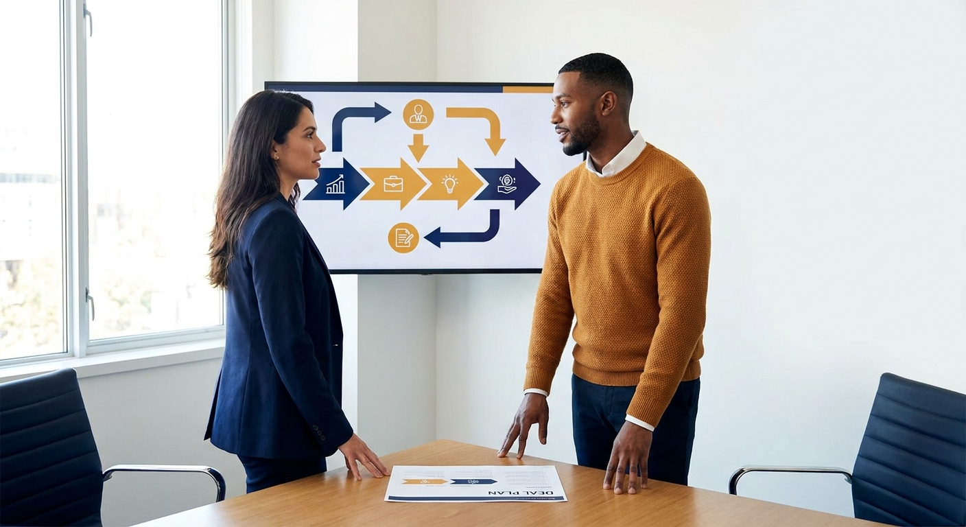 A partner manager and an account executive walking through a partner sales motion on a wall monitor showing a stage-by-stage co-sell flow with handoff points, a printed deal plan on the table between them, deep navy and warm amber palette