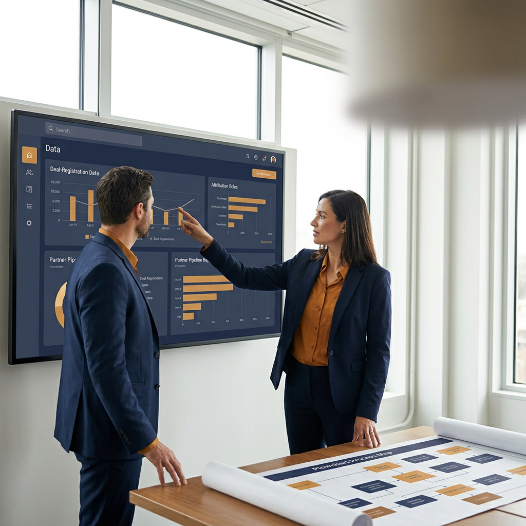 Two business professionals in navy suits review data charts on a large wall display while the woman points to a graph in a bright office setting.