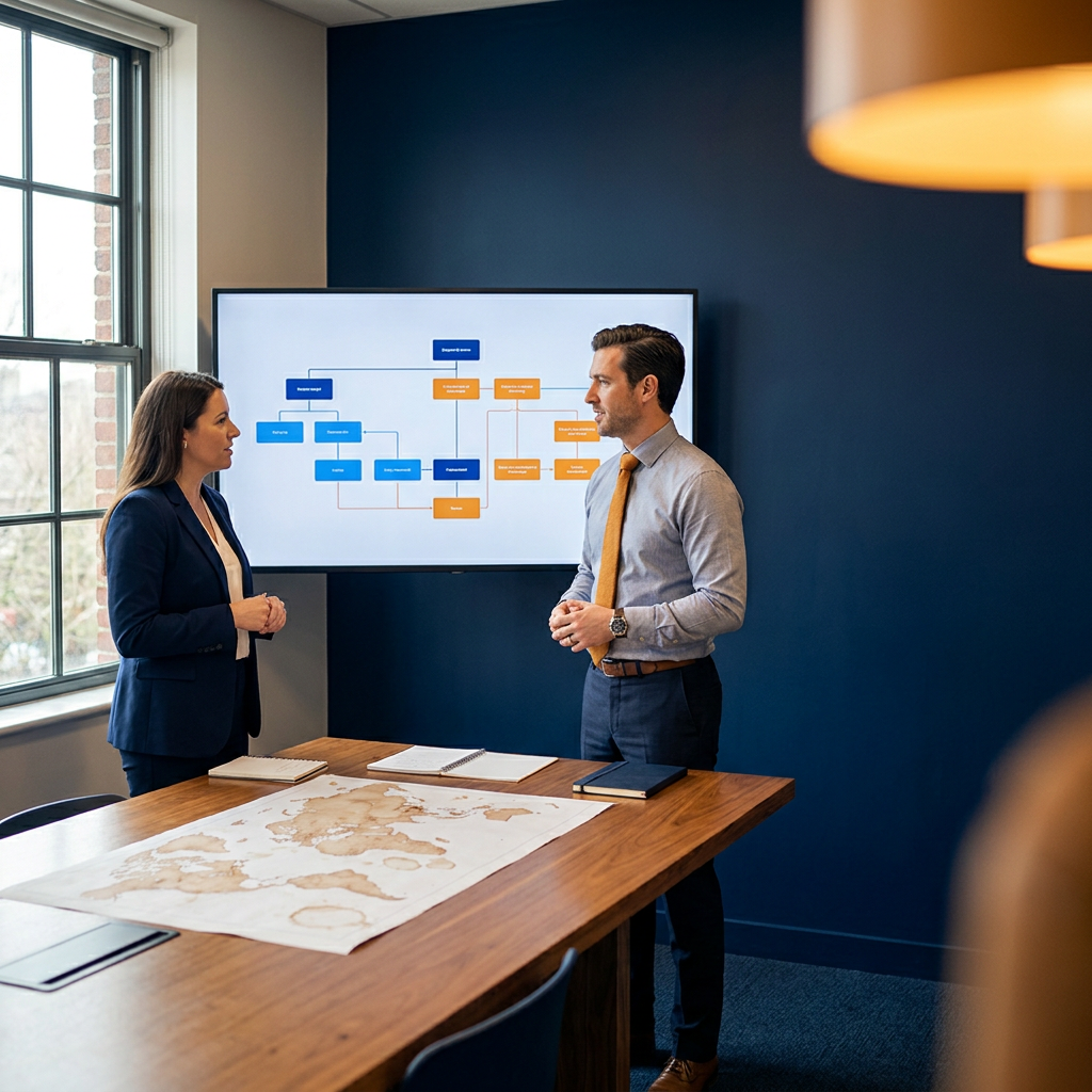 A partnerships leader and an account executive standing at a wall monitor that shows a stage-by-stage partner sales process with named owners at each gate, a printed deal-stage map on the table between them, deep navy and warm amber palette