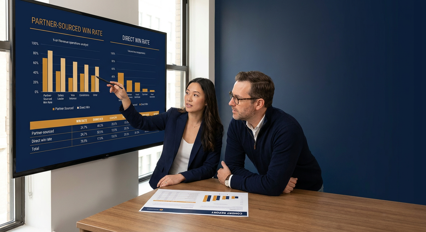A revenue operations analyst walking a sales leader through a partner-sourced leads close rate on a wall monitor that compares partner-sourced and direct win rates side by side, a printed cohort report on the desk, deep navy and warm amber palette