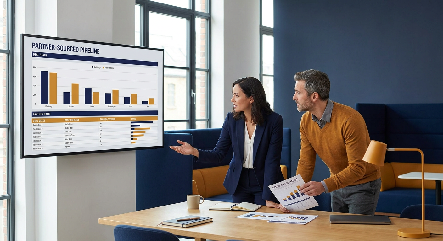 A partnerships leader and a sales operations manager reviewing partner-sourced pipeline on a wall monitor that shows partner-originated deals by stage and partner, a printed pipeline coverage report on the table, deep navy and warm amber palette
