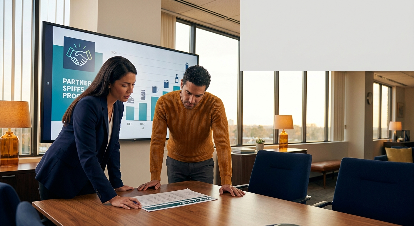 A channel manager and a partner account rep reviewing a partner spiffs program on a wall monitor showing a short-term incentive tied to a specific product and deadline, a printed payout sheet on the table, deep navy and warm amber palette