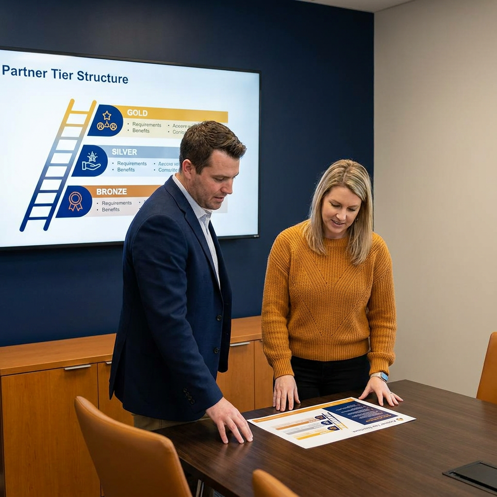 A partnerships leader and a program manager reviewing a partner tier structure on a wall monitor that shows a ladder of tiers with the requirements and benefits at each level, a printed tier criteria sheet on the table, deep navy and warm amber palette
