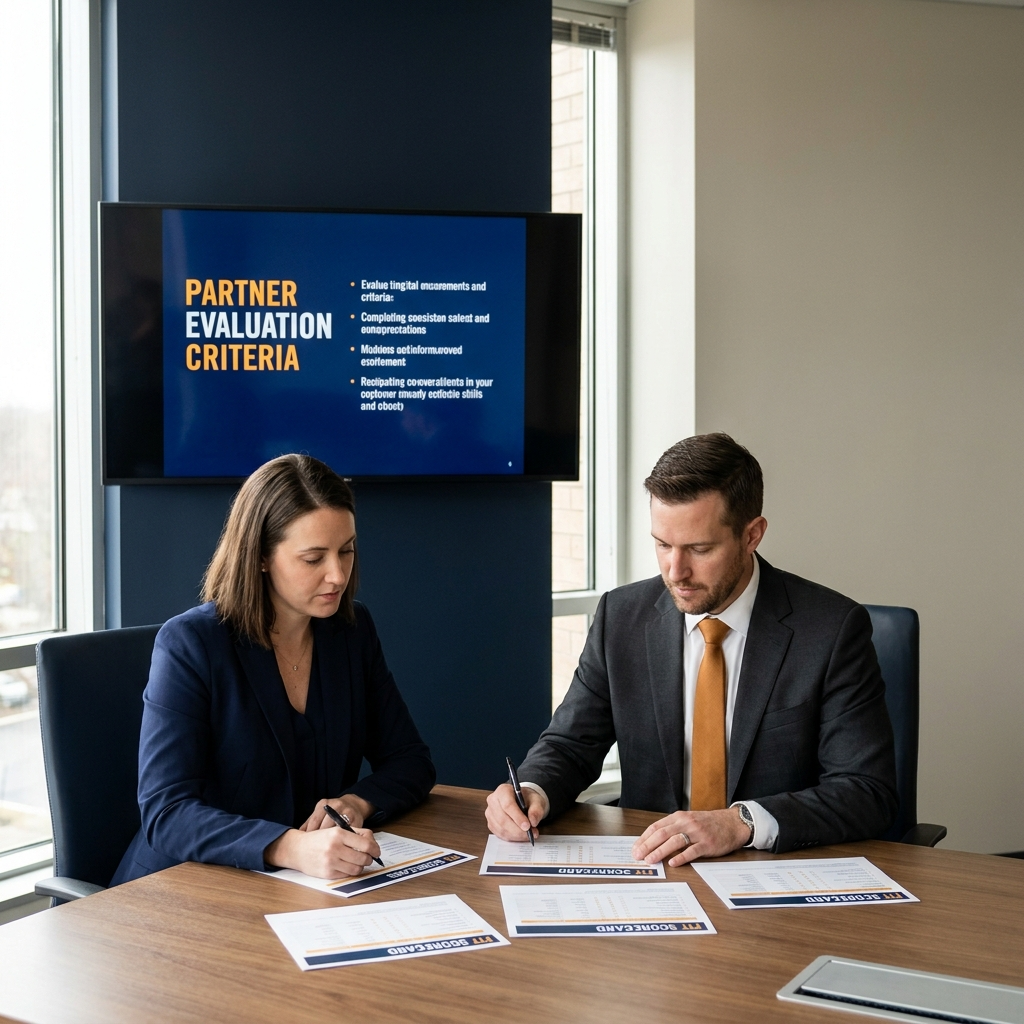 A partnerships leader and a sales director running a partner vetting review across a conference table, scoring a candidate partner against a printed fit scorecard with a wall monitor showing the criteria, deep navy and warm amber palette