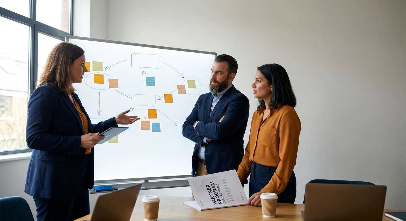 A partnerships consultancy advisor walking a founder and a head of partnerships through a partner program build plan on a whiteboard, printed program roadmap on the table, deep navy and warm amber palette