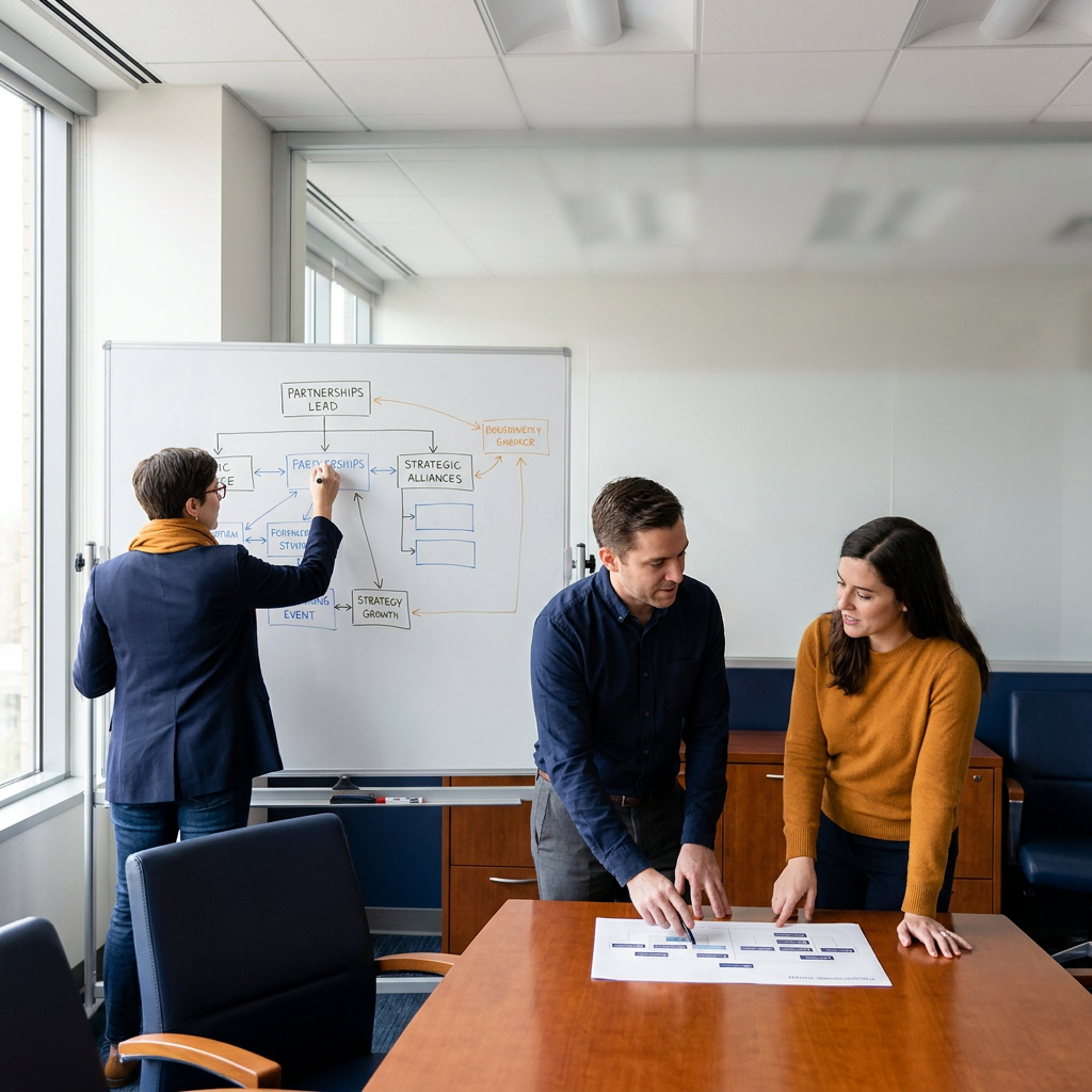 A head of partnerships mapping a partnerships team structure on a whiteboard with role boxes and reporting lines while two team leads discuss coverage, printed org chart on the table, deep navy and warm amber palette