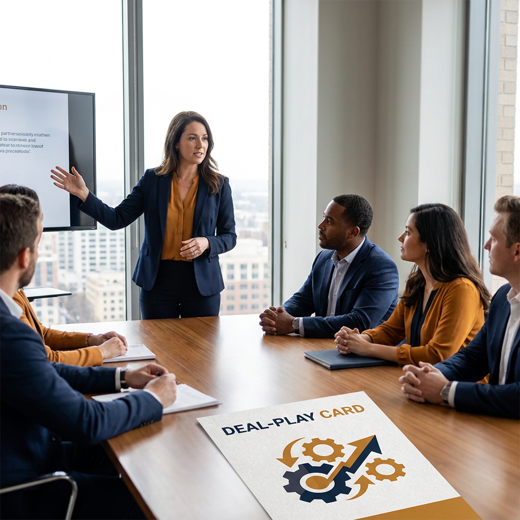 A partner manager running a quarterly partner enablement session keeping a vendor top of mind for a room of partner reps, a printed deal-play card on the table, deep navy and warm amber palette