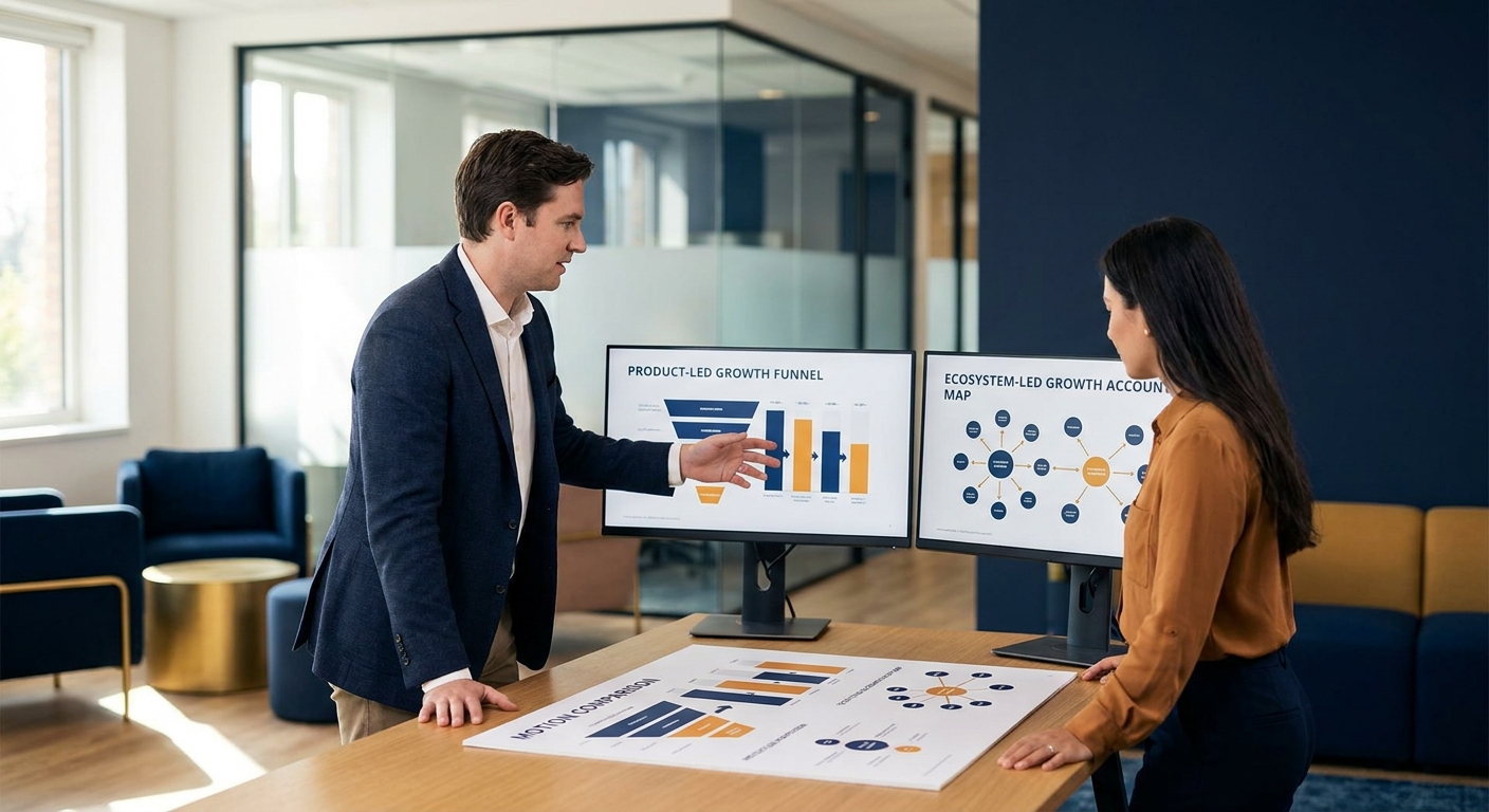 Two growth leaders comparing a product-led growth funnel and an ecosystem-led growth account map on adjacent monitors, a printed motion comparison on the table between them, deep navy and warm amber palette