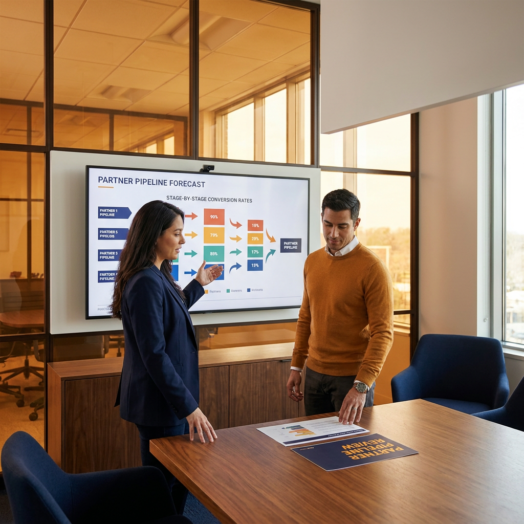 A partnerships leader walking a CRO through a predictable partner pipeline forecast on a wall monitor with stage-by-stage conversion rates, a printed partner pipeline review on the table, deep navy and warm amber palette