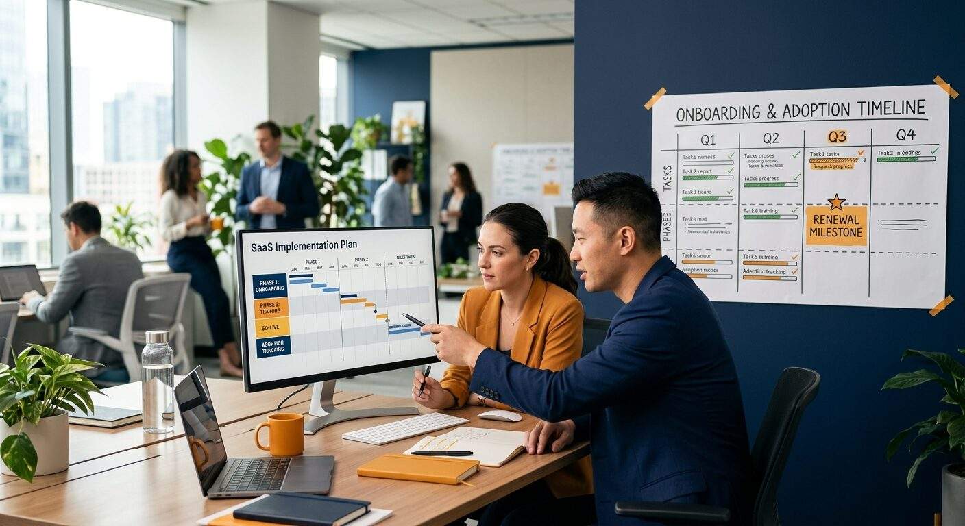 A SaaS services lead and a delivery partner reviewing an implementation plan on a shared screen, an onboarding and adoption timeline taped to the wall with a renewal milestone marked, deep navy and warm amber palette