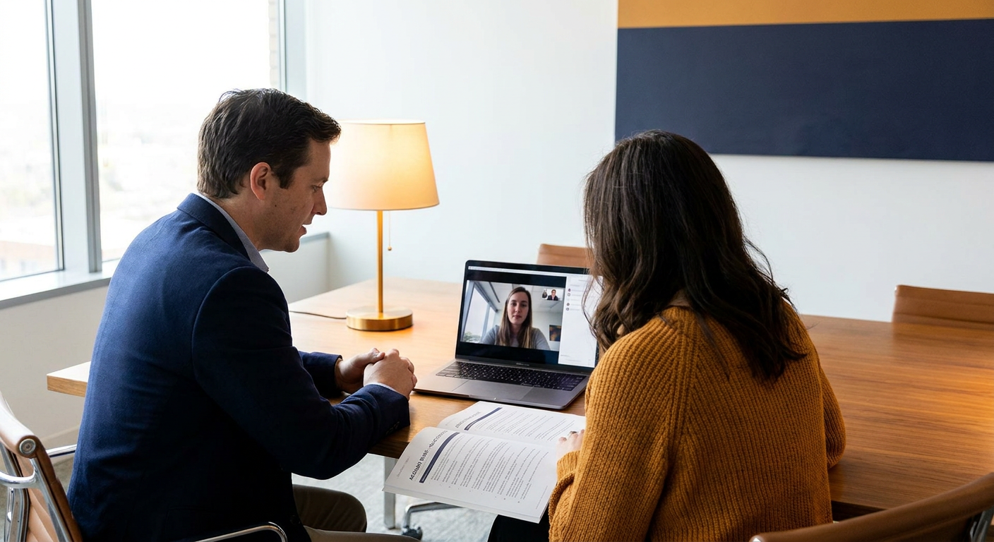 A partner manager and an account executive on a co-sell prep call asking a partner rep about a shared prospect, a printed account brief with question prompts on the desk, deep navy and warm amber palette