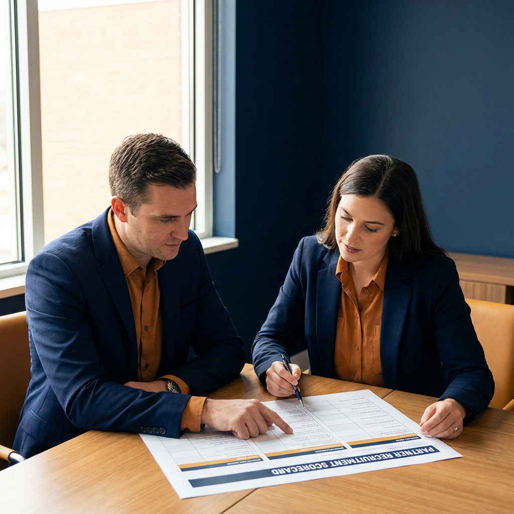 A partnerships leader reviewing a shortlist of target partner firms with a colleague, a printed partner recruitment scorecard with fit criteria on the table, deep navy and warm amber palette