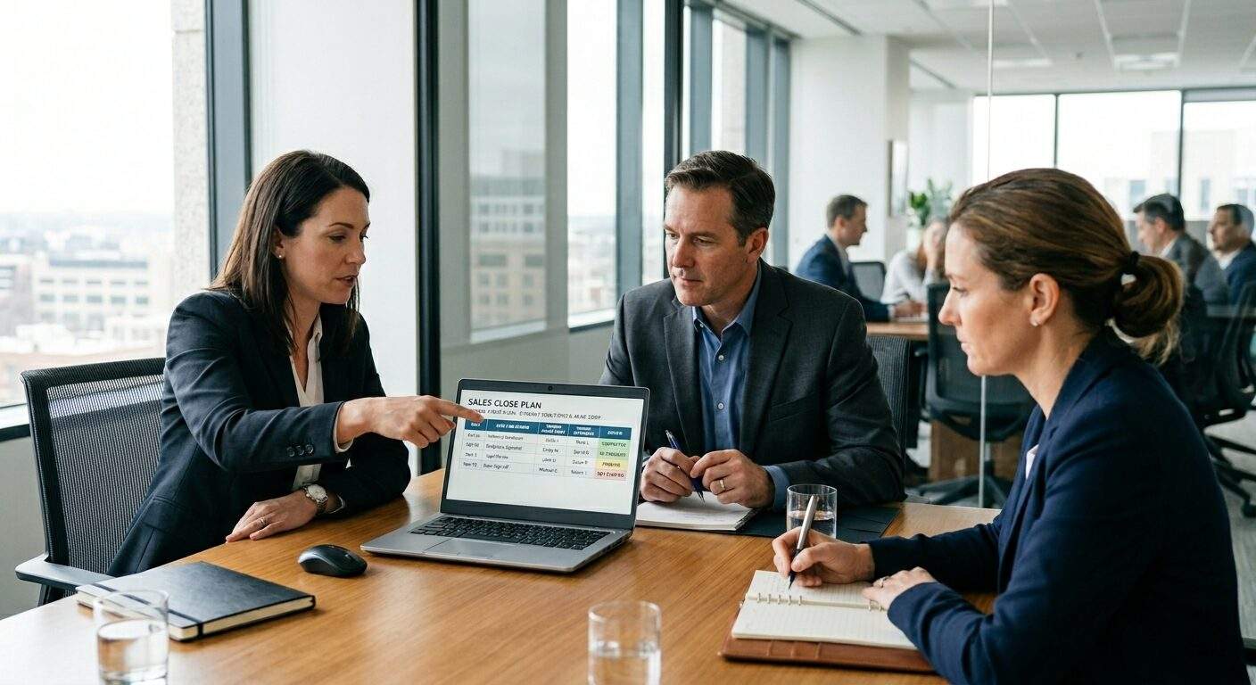 A sales rep and a buyer reviewing a sales close plan on a laptop in a deal review, a dated list of approval steps shown on screen with owners on both sides, a manager taking notes nearby, deep navy and warm amber palette