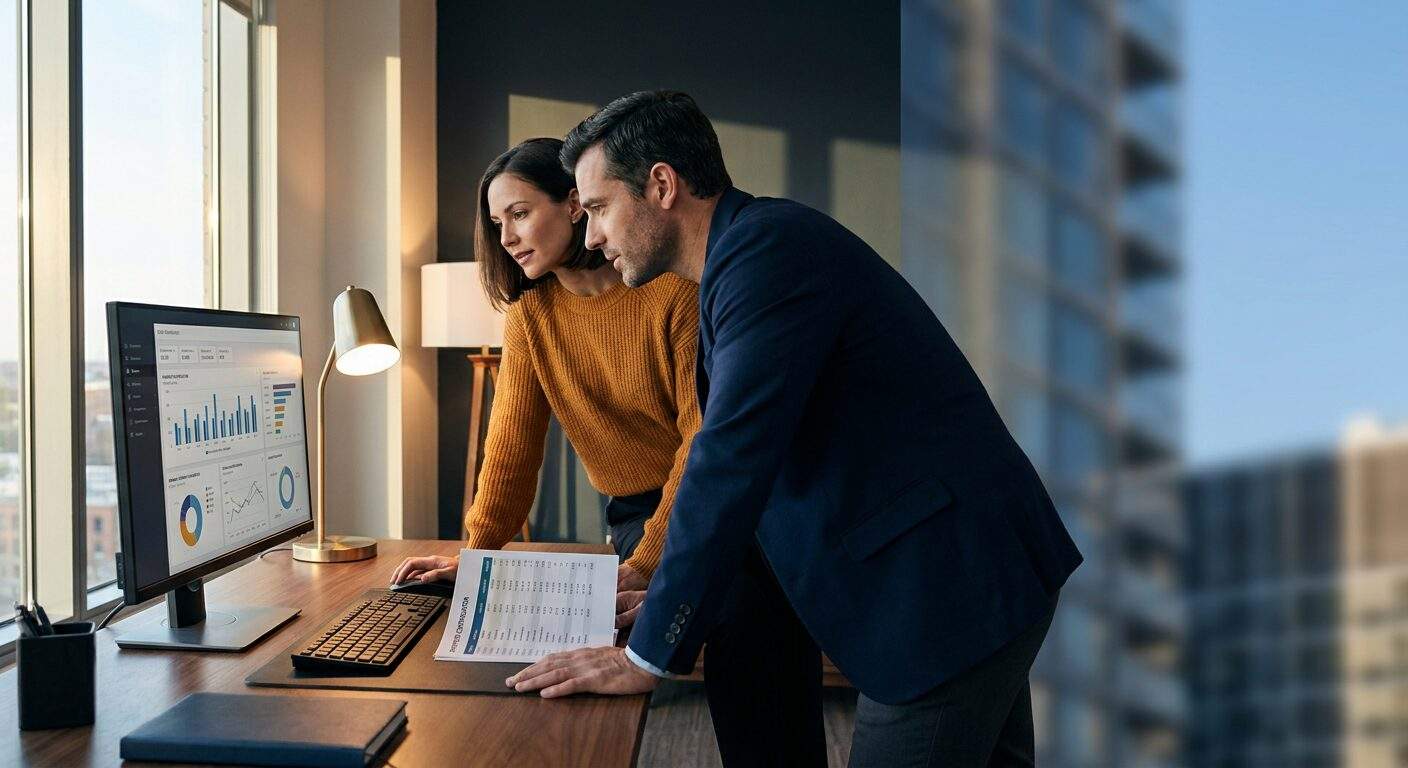 A partnerships analyst and a sales director reviewing sales partner insights on a dashboard at a desk, a printed partner contribution report with deal-by-deal rows beside the keyboard, deep navy and warm amber palette