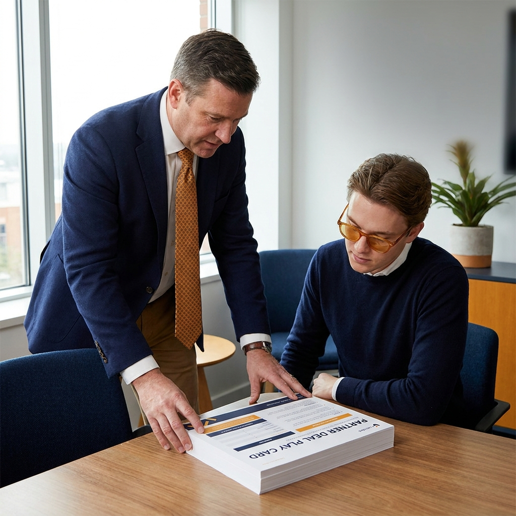 A sales manager coaching an account executive on working a partner-sourced deal during a pipeline review, a printed partner deal play card on the desk between them, deep navy and warm amber palette