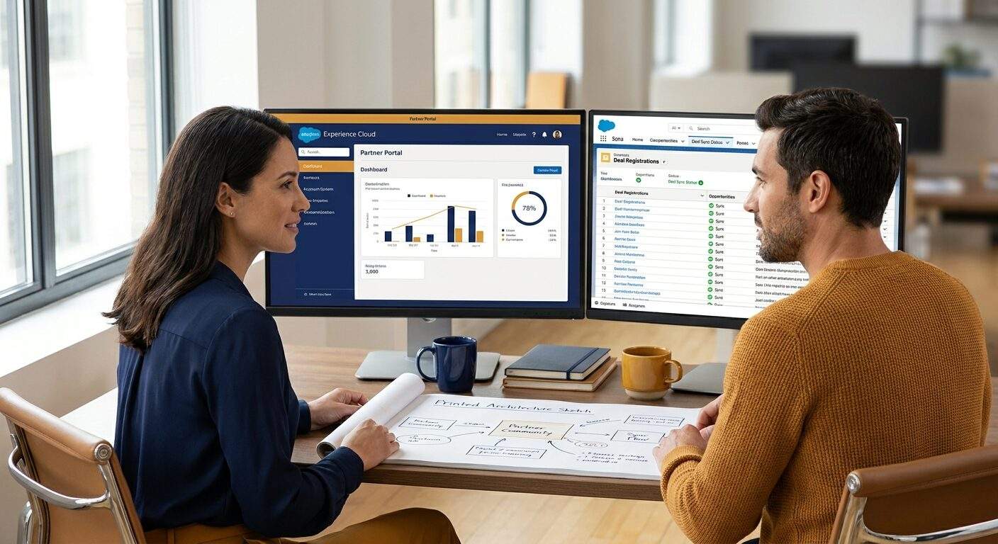 A Salesforce admin and a partnerships manager reviewing a partner portal built on Salesforce, one monitor showing Experience Cloud and the other deal registrations syncing to opportunities, a printed architecture sketch on the desk, deep navy and warm amber palette
