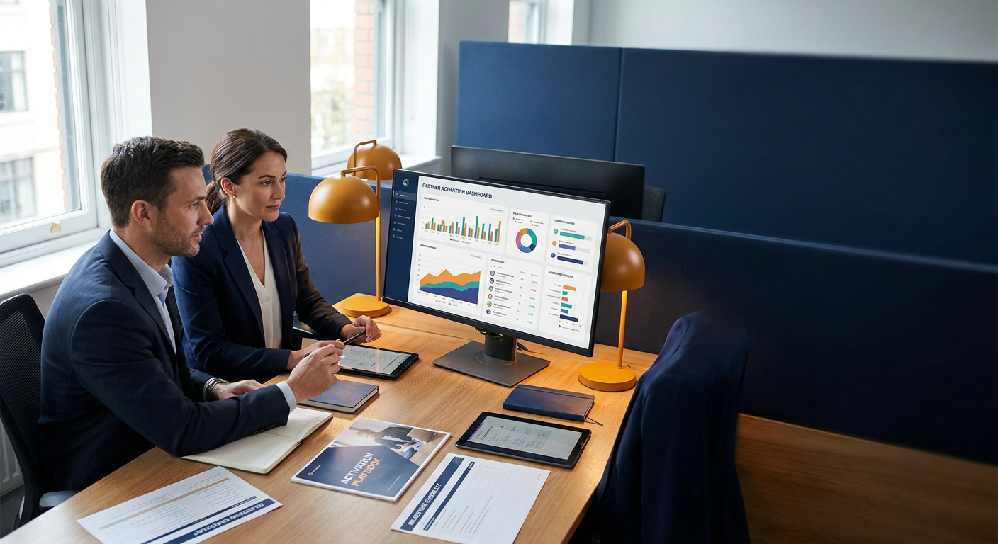 A partnerships leader reviewing a self-serve partner activation dashboard with a colleague, a printed activation playbook and milestone checklist on the desk, deep navy and warm amber palette
