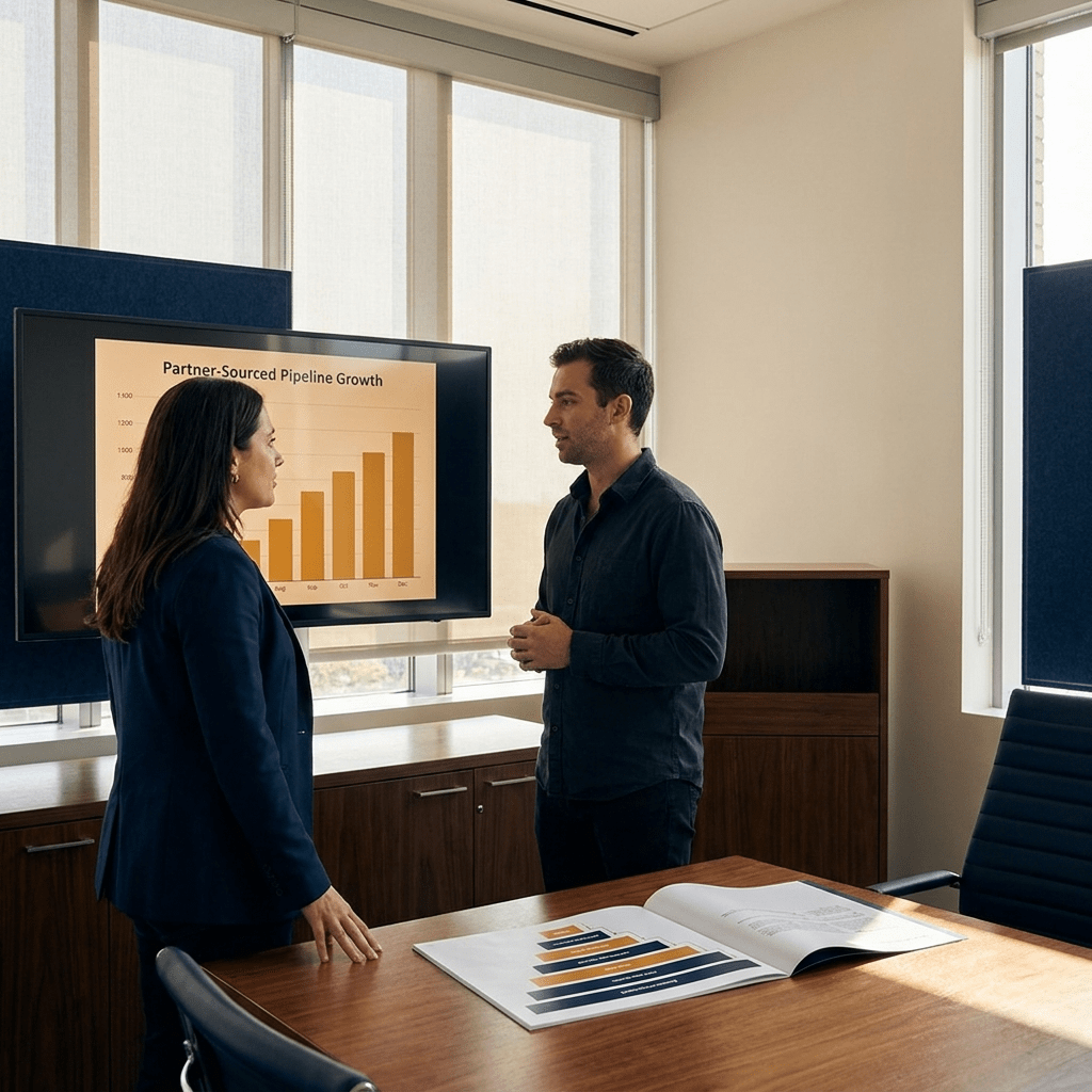 A partnerships leader and a RevOps analyst at a wall monitor reviewing a partner-sourced pipeline growth chart while planning headcount, printed tier ladder on the table, deep navy and warm amber palette