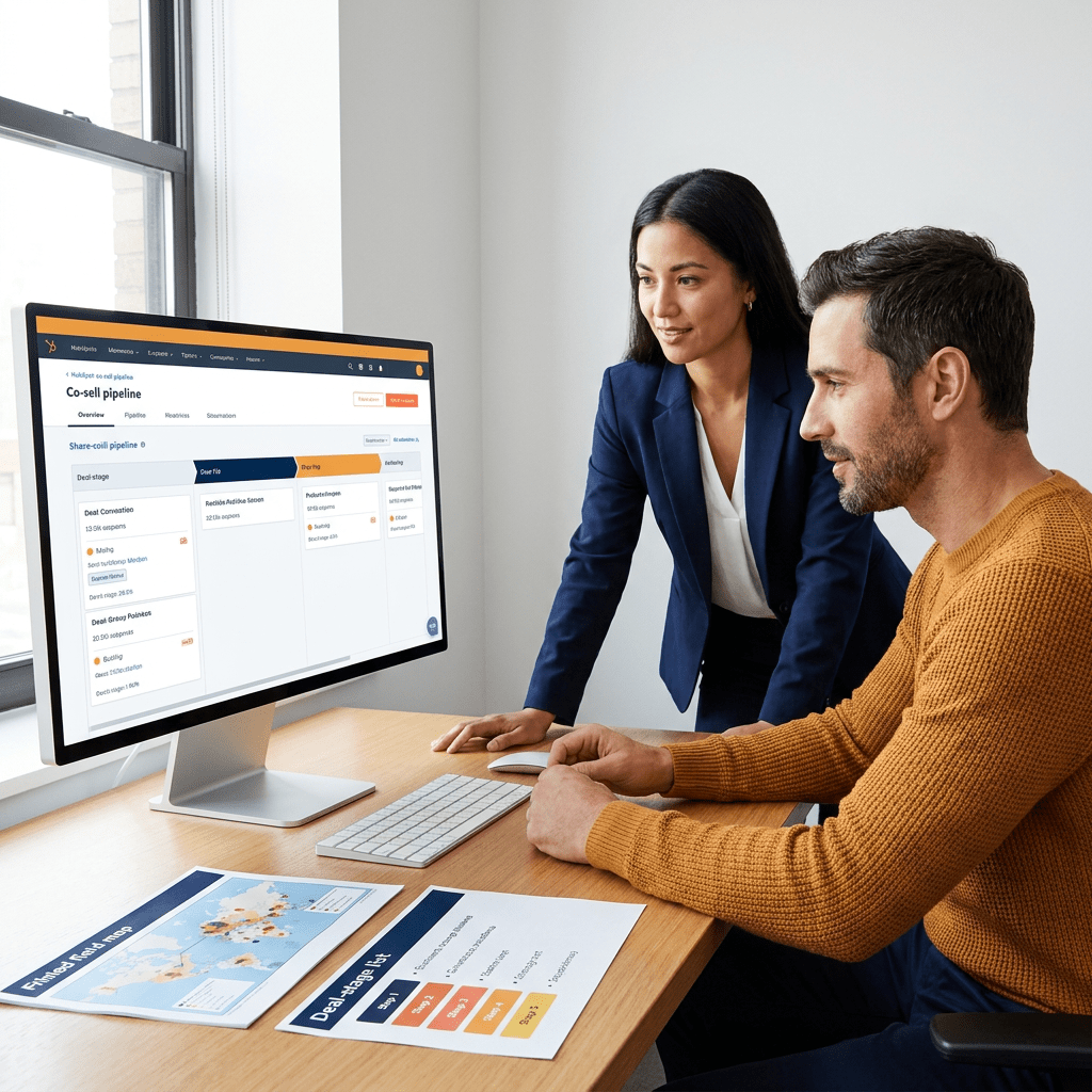 A RevOps admin and a partner manager configuring a co-sell pipeline in HubSpot on a shared monitor, a printed field map and deal-stage list on the desk, deep navy and warm amber palette