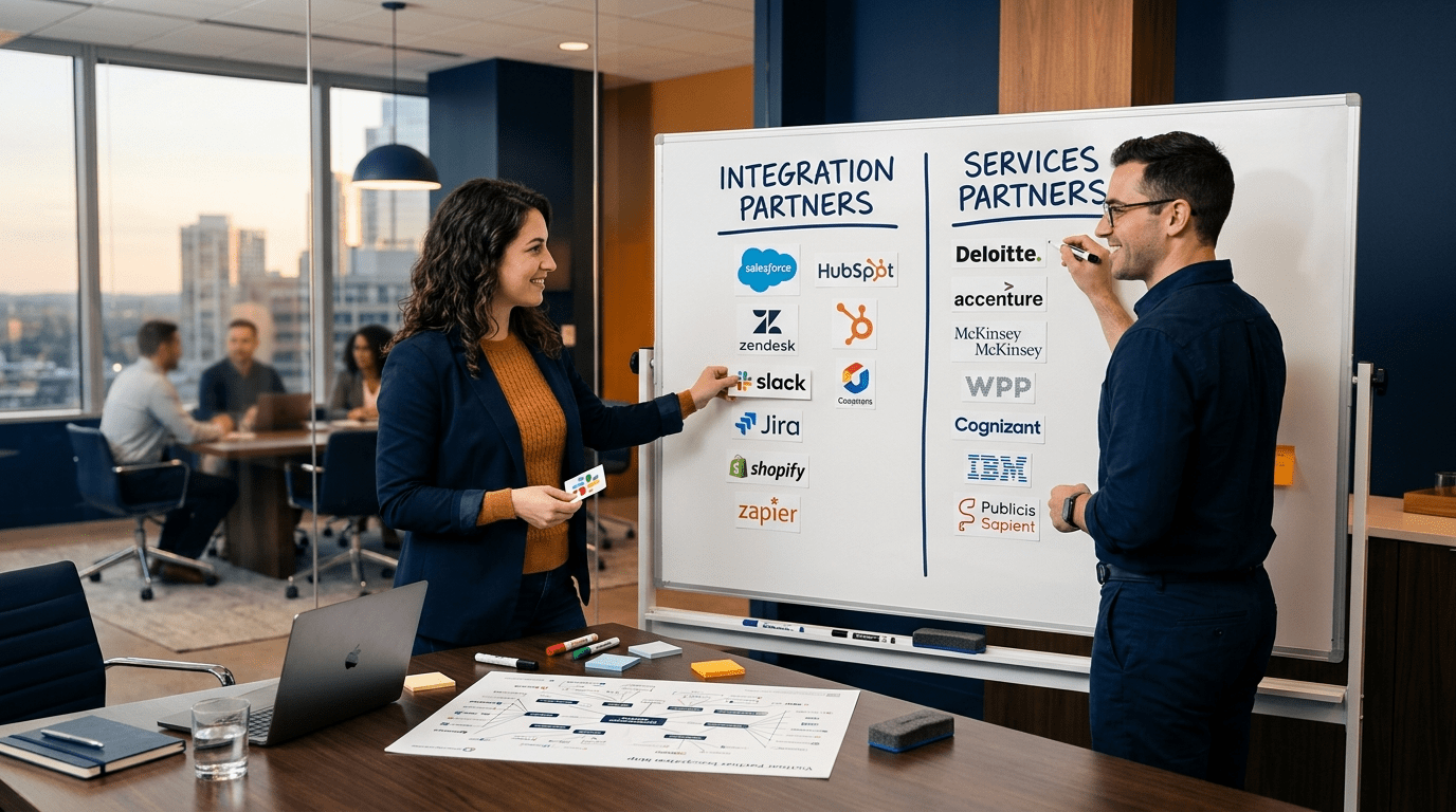 Two partnerships strategists at a whiteboard sorting partner logos into two columns, one for integration partners and one for services partners, a printed partner map on the table, deep navy and warm amber palette