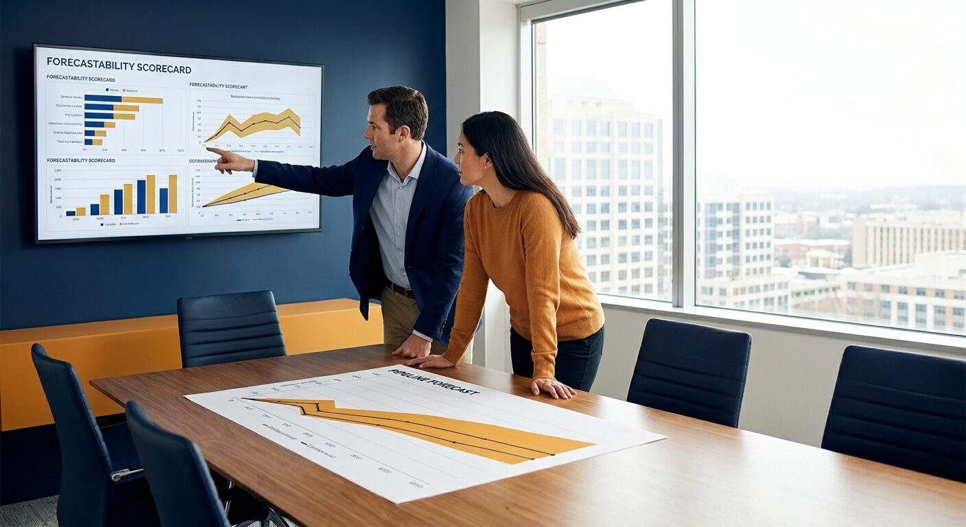 A revenue operations leader and a partnerships director reviewing a forecastability scorecard on a wall monitor, a printed pipeline forecast with confidence bands on the table, deep navy and warm amber palette