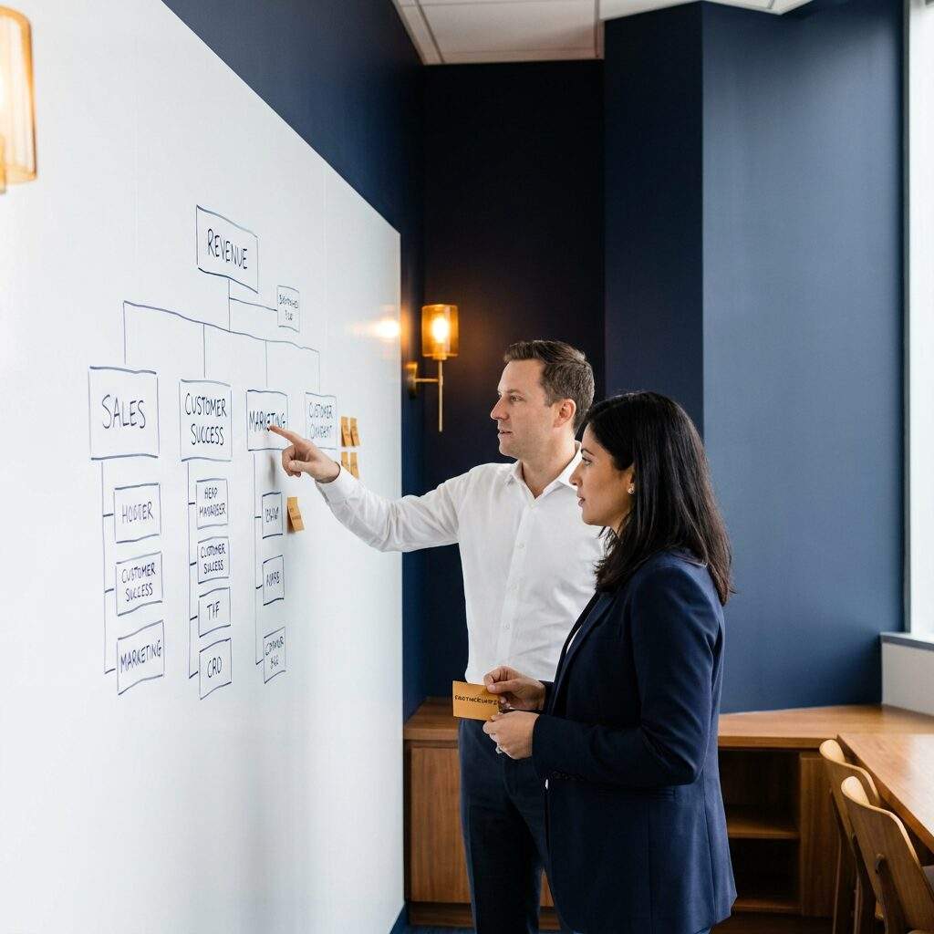 A head of partnerships and a CRO standing at a wall org chart deciding which function the partnerships box reports into, a sticky note moving from marketing to revenue, the chart showing go to market branches, deep navy and warm amber palette