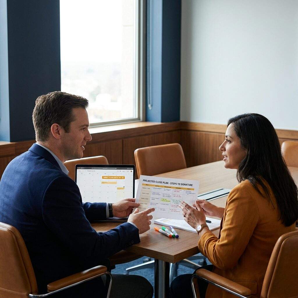 A seller explaining what a close plan is to a buyer across a table, a printed dated list of steps to signature between them with owners marked, a laptop showing the target close date, deep navy and warm amber palette