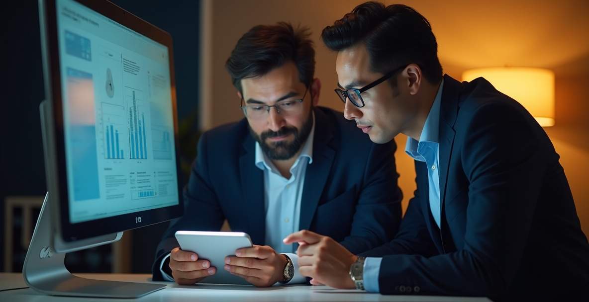 A partner manager and an account executive reviewing a co-sell plan on a tablet at a modern desk