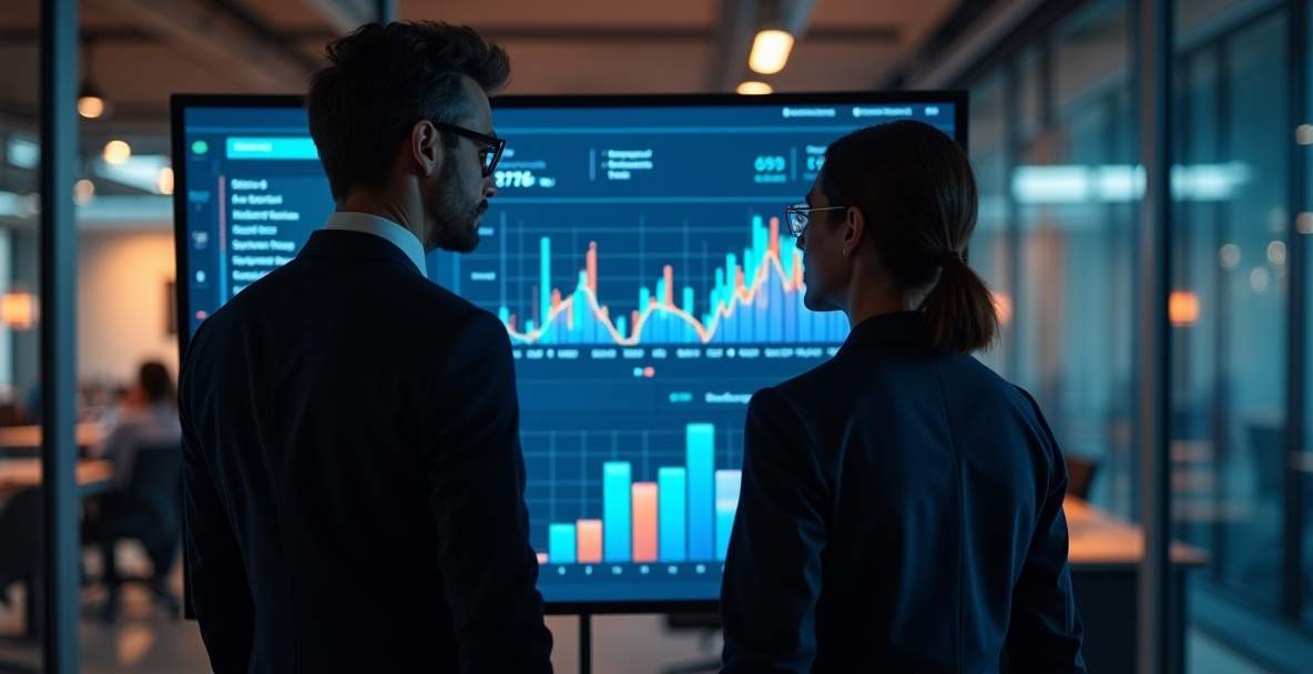 A revenue leader and colleague reviewing an ecosystem partner pipeline dashboard on a large monitor