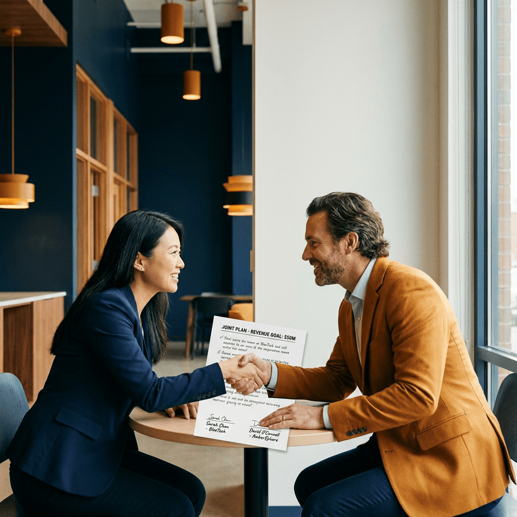 Two executives from partnering companies at a small table agreeing on a shared revenue goal, a one-page joint plan with named owners between them, deep navy and warm amber palette