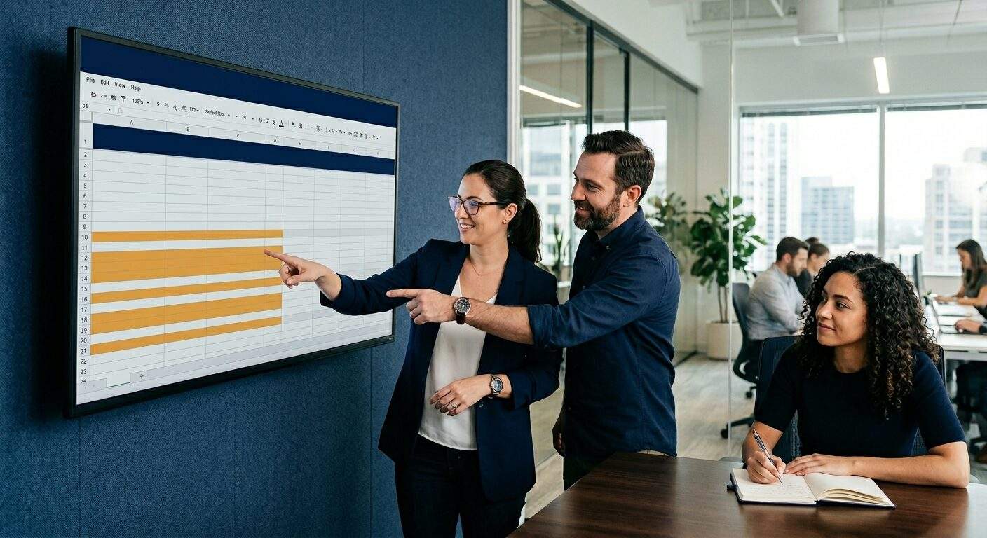 what-is-forecast-collaboration-1 - Forecastable A partnerships lead and a partner rep building a shared forecast on a wall monitor, both pointing at the same deal list with overlapping accounts highlighted, a finance partner taking notes beside them, deep navy and warm amber palette