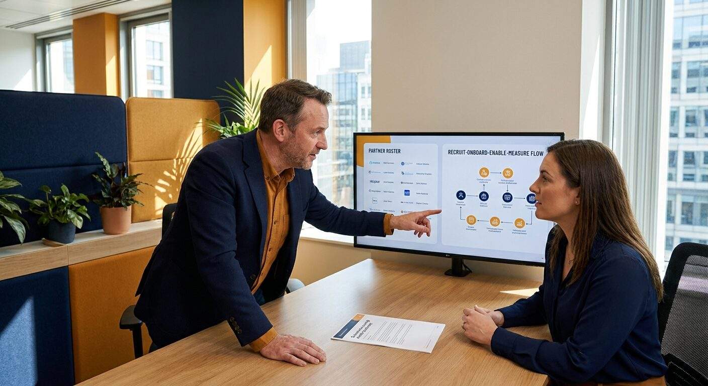 A partnerships leader explaining partner relationship management to a new manager at a desk, a screen behind them showing a partner roster and a recruit-onboard-enable-measure flow, a printed one-page definition on the table, deep navy and warm amber palette