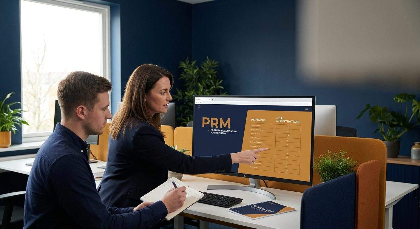 A channel manager pointing at a screen where the acronym PRM expands into partner relationship management, the display showing a partner roster and deal registrations, a new hire taking notes beside a printed glossary, deep navy and warm amber palette
