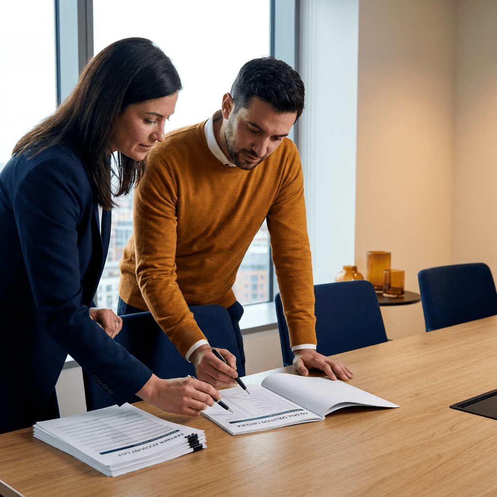 A SaaS partnerships leader and a co-sell advisor evaluating options at a table, a printed checklist of co-sell solution criteria and a partner account list between them, deep navy and warm amber palette