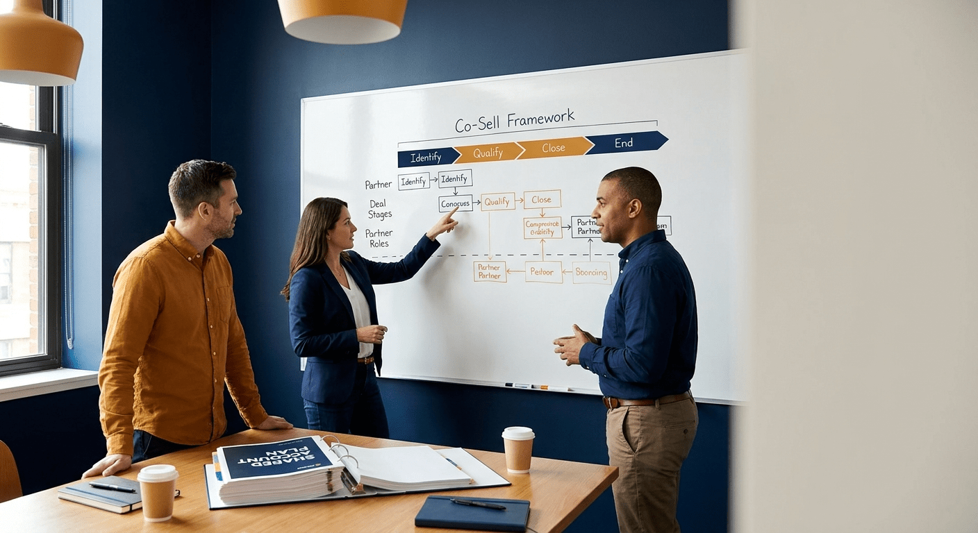 An ecosystem team reviewing a printed co-sell framework on a whiteboard, mapping deal stages and partner roles, a shared account plan on the table, deep navy and warm amber palette