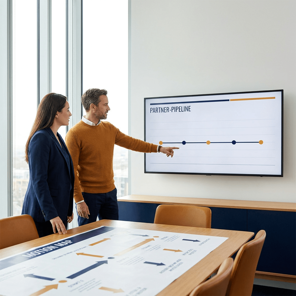 A partnerships leader and a sales director diagnosing a stalled co-sell program at a wall monitor showing a flat partner-pipeline chart, a printed motion map on the table, deep navy and warm amber palette