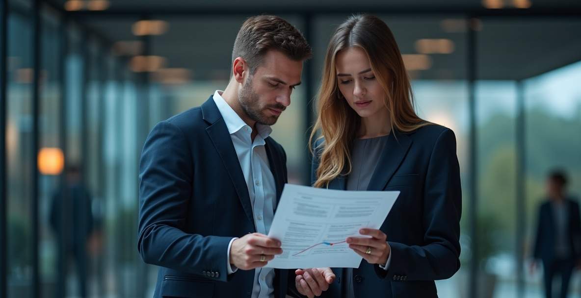 Two revenue executives reviewing a partner co-sell pipeline report together in a glass-walled office
