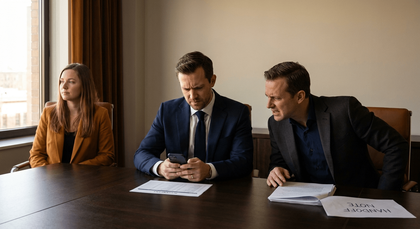Two sellers from partnering companies in a tense moment over a shared deal, one checking a phone while a customer waits, an account list and an unread handoff note on the table, deep navy and warm amber palette