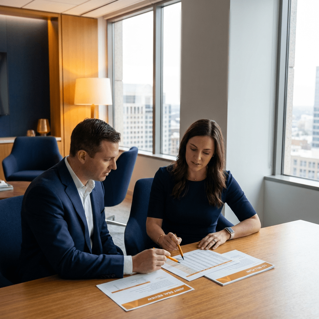 A partner manager and a partner's account executive running a joint deal review at a conference table with a shared account list and a co-sell plan printed between them, deep navy and warm amber palette