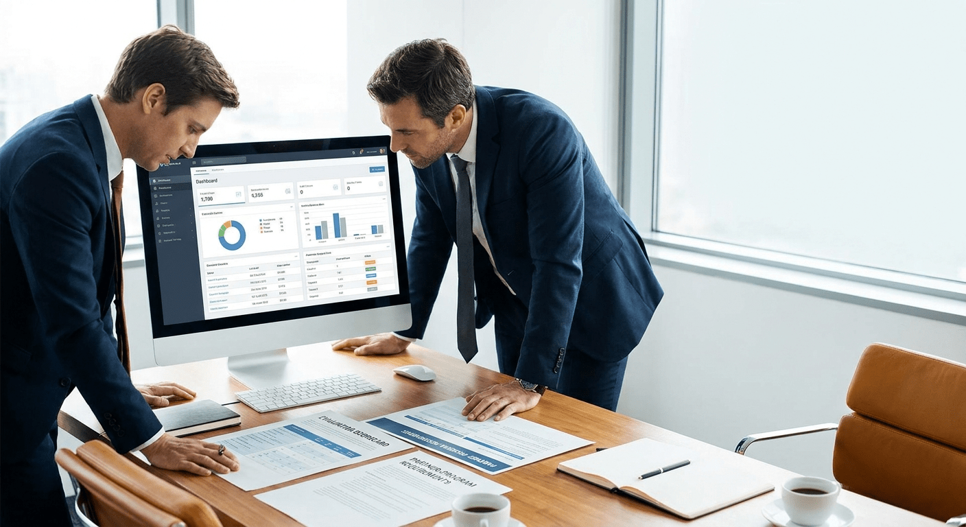 A partner operations lead and a RevOps manager comparing PRM platform options on a shared monitor, a printed evaluation scorecard and partner-program requirements list on the table, deep navy and warm amber palette