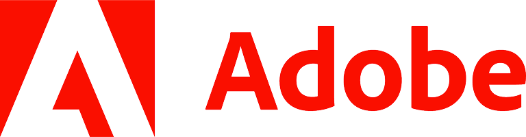 Adobe logo with a red stylized A and the word Adobe in red.