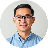 Portrait of a man with short black hair and glasses, wearing a light blue shirt, smiling against a pale background.