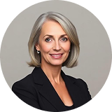 Headshot of a professional woman with short gray hair, wearing a black blazer, smiling against a light gray background.