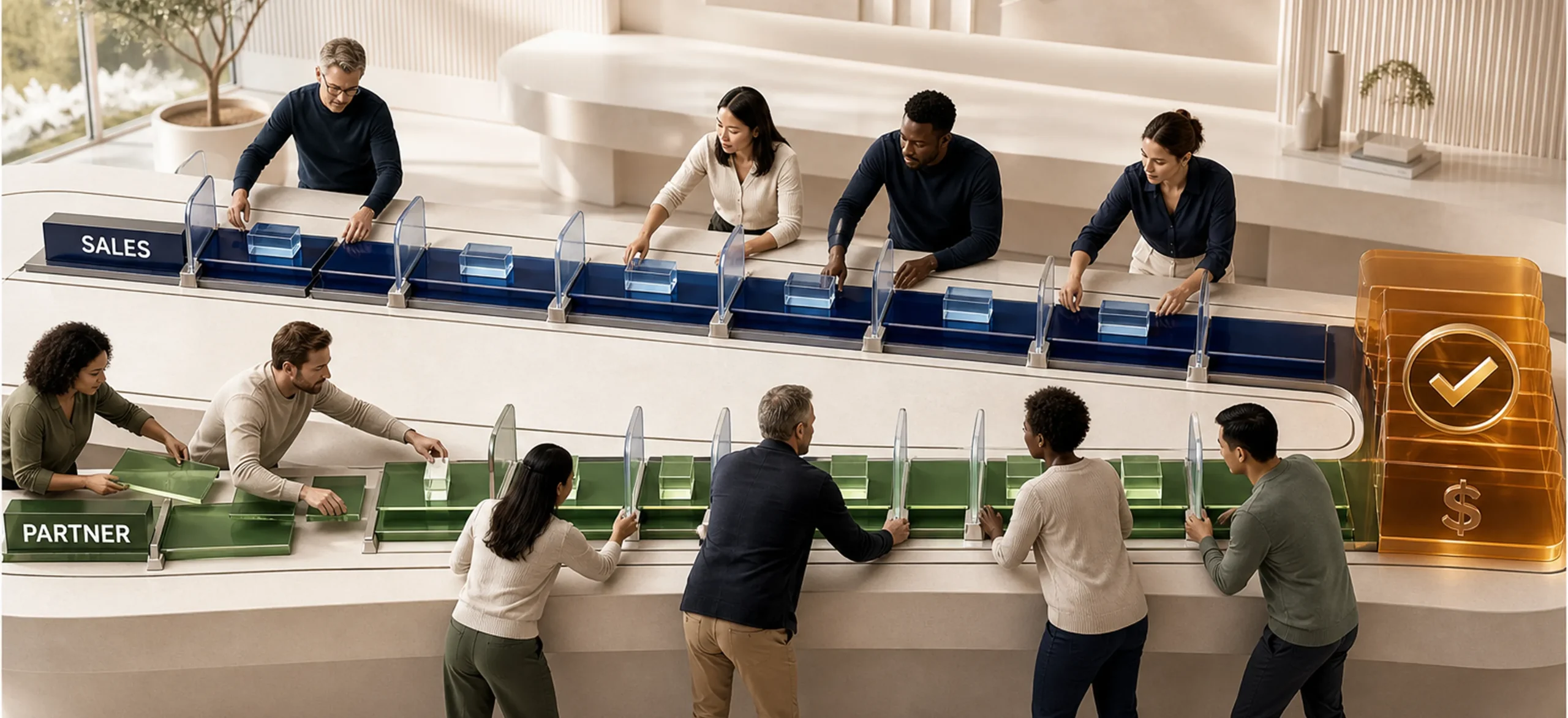 Team of diverse professionals placing items into color‑coded lanes at a long station labeled SALES and PARTNER, with a large orange check icon nearby.
