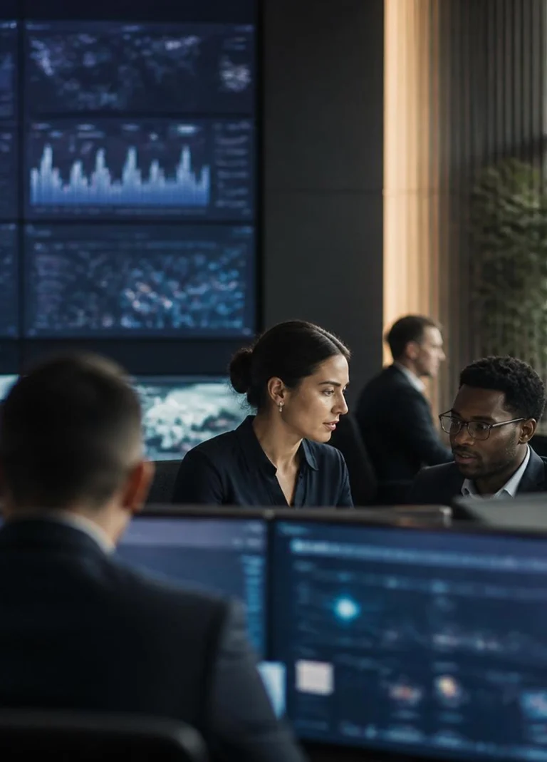 Two colleagues in a high-tech control room discuss over computer screens and data dashboards behind them, focused conversation at a workstation.