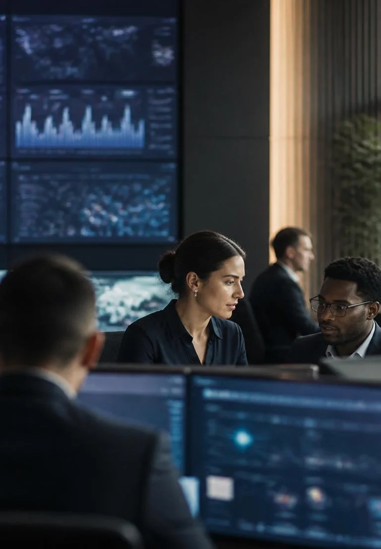Two professionals discuss data at a workstation in a high-tech control room with multiple screens displaying charts and graphs for analysis laud.