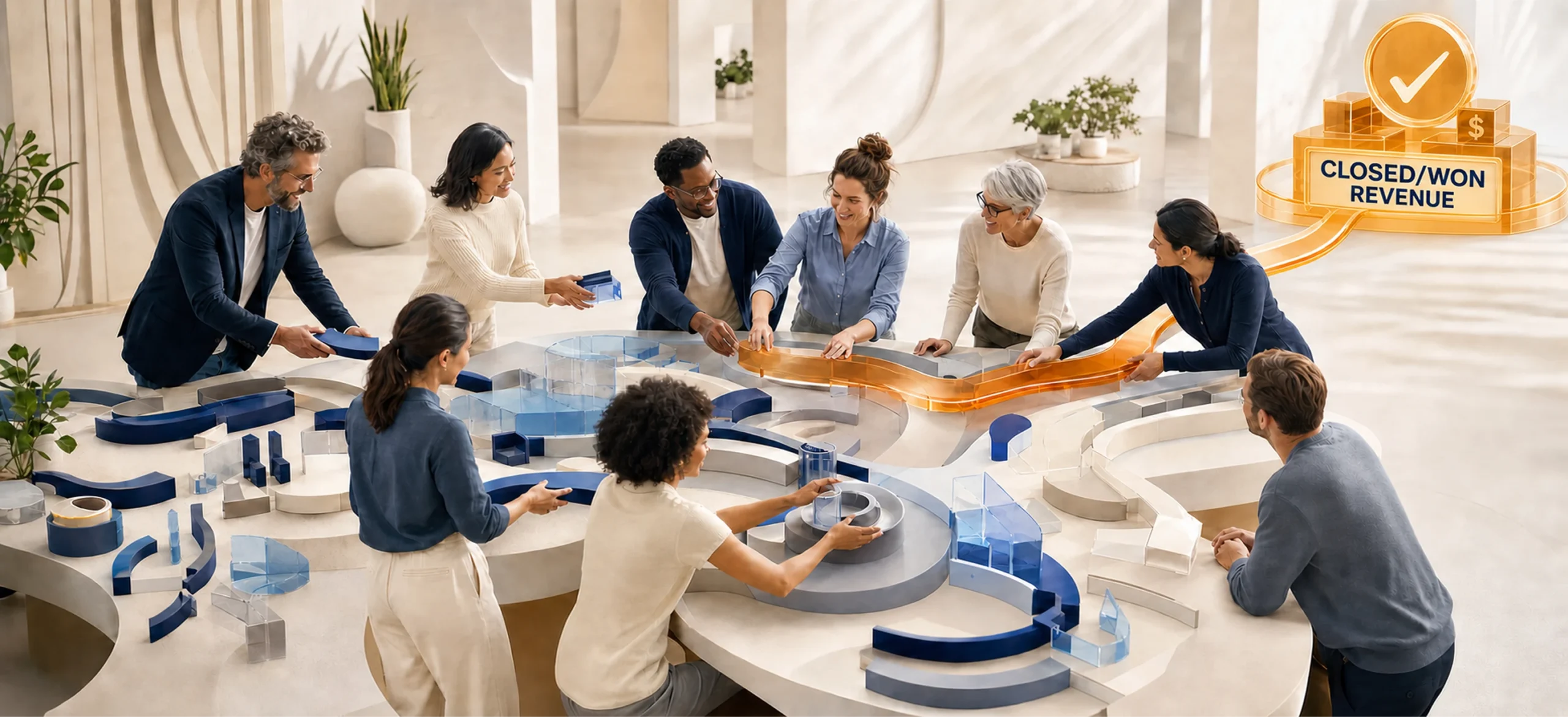 Diverse team collaborating around a large marble-track model in a bright office.