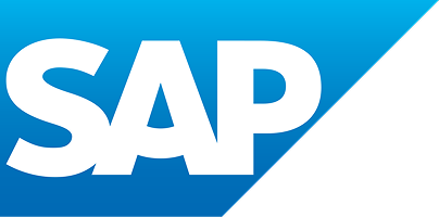 SAP logo in white lettering on a blue gradient background with a black diagonal segment at the right corner